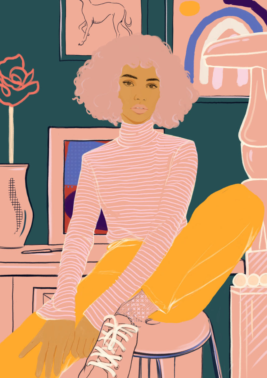 Illustration of girl with pink hair in a living room.