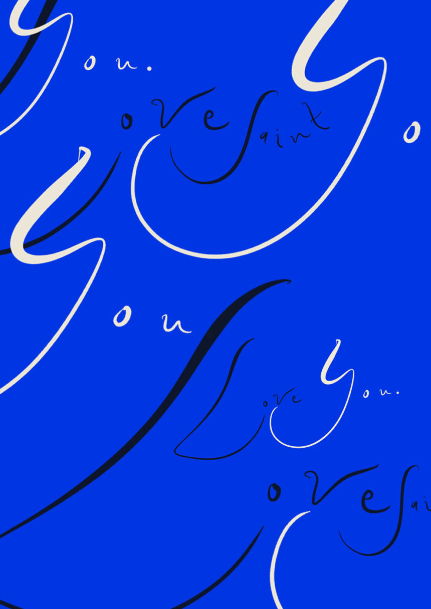 Scribbles Lys, handwriting on blue background.