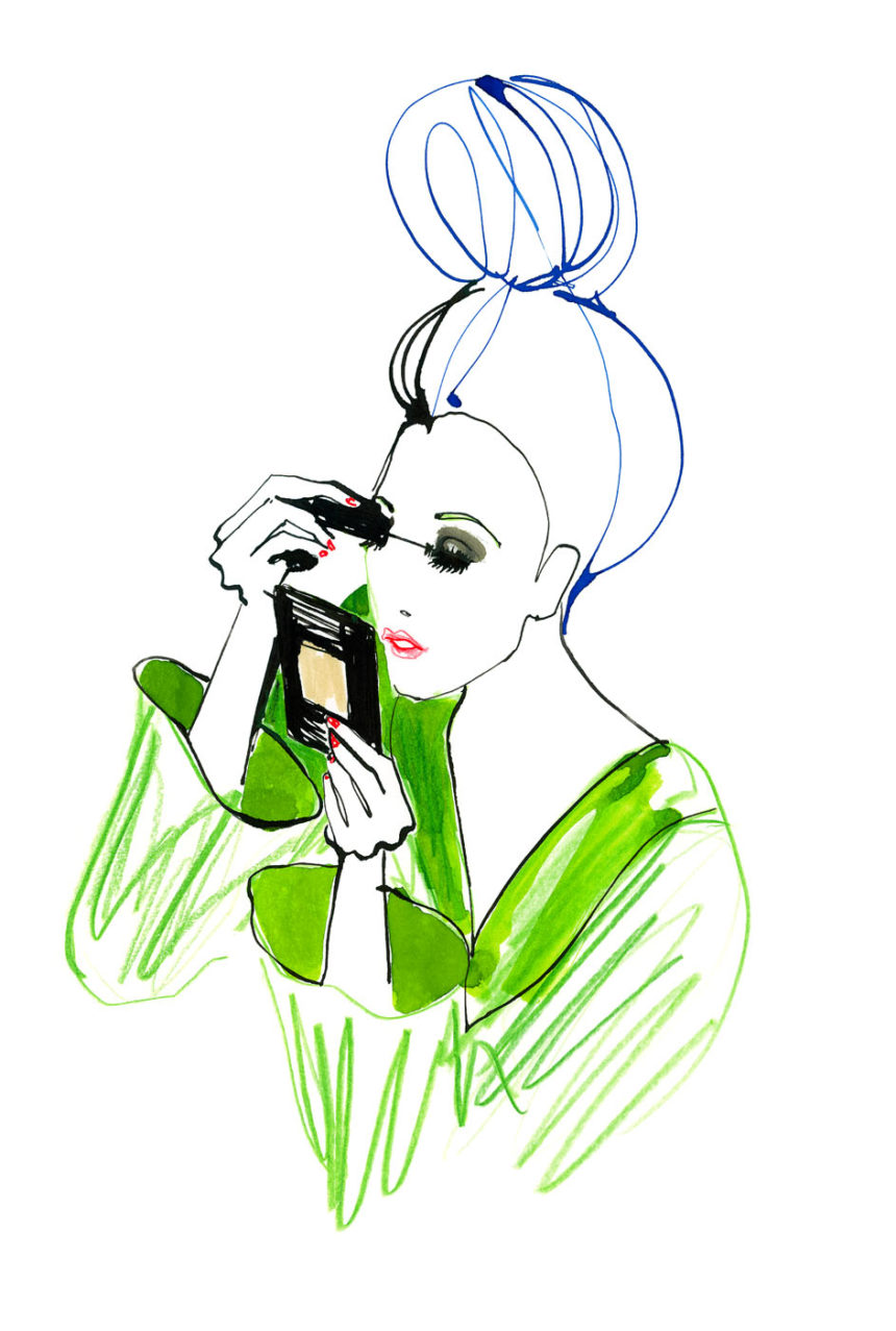 Illustration of woman in green doing make-up for H&M wall graphics.