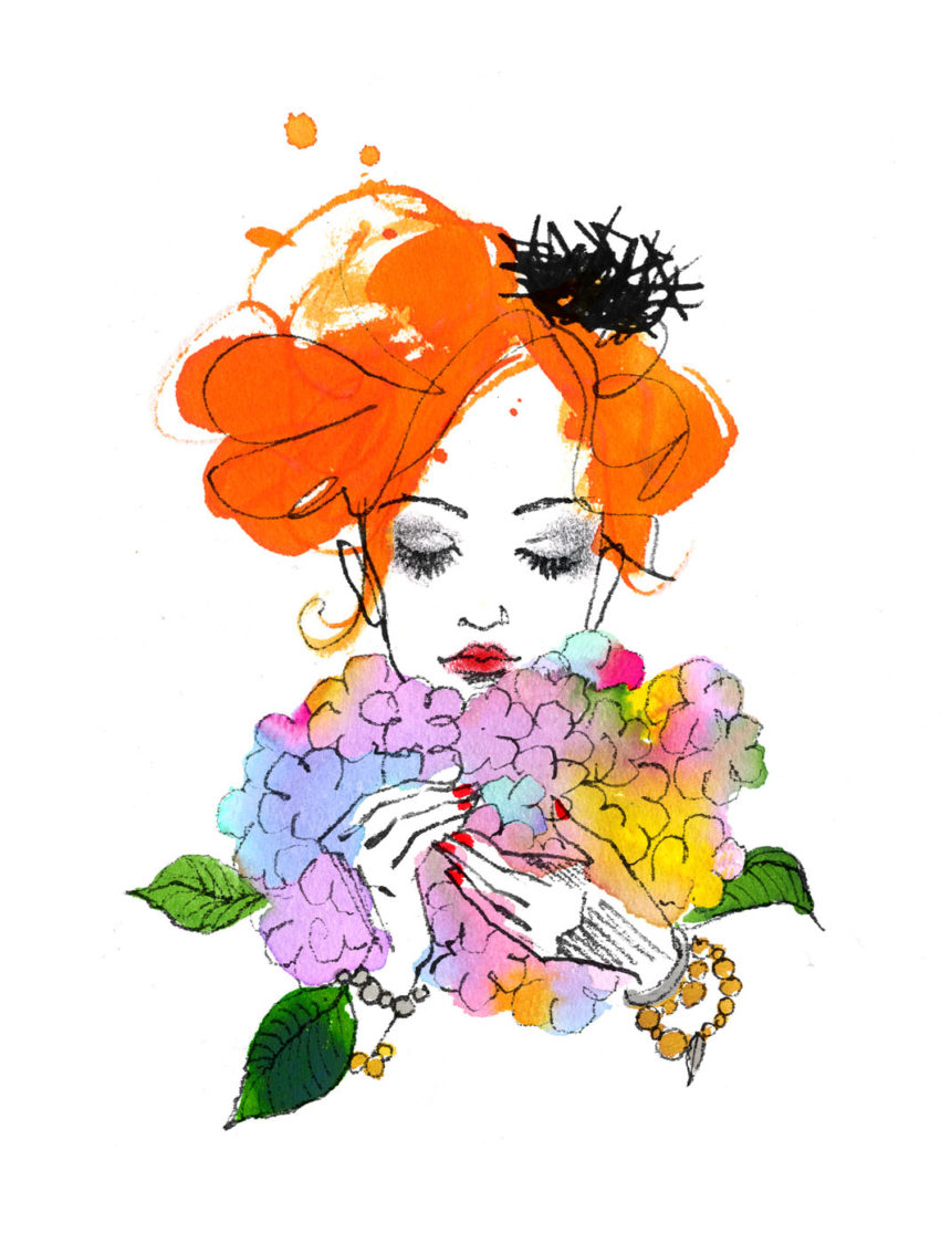 Illustration of red hair lady with flowers
