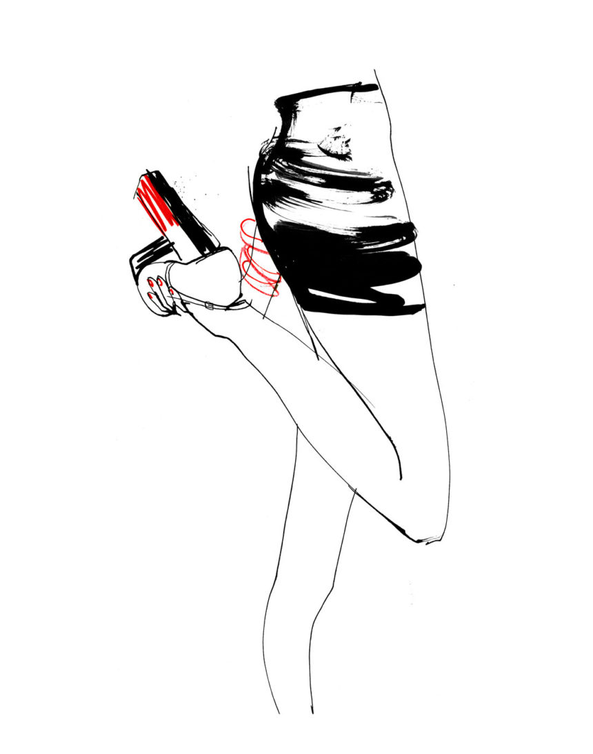 Illustration in black and red of legs and skirt