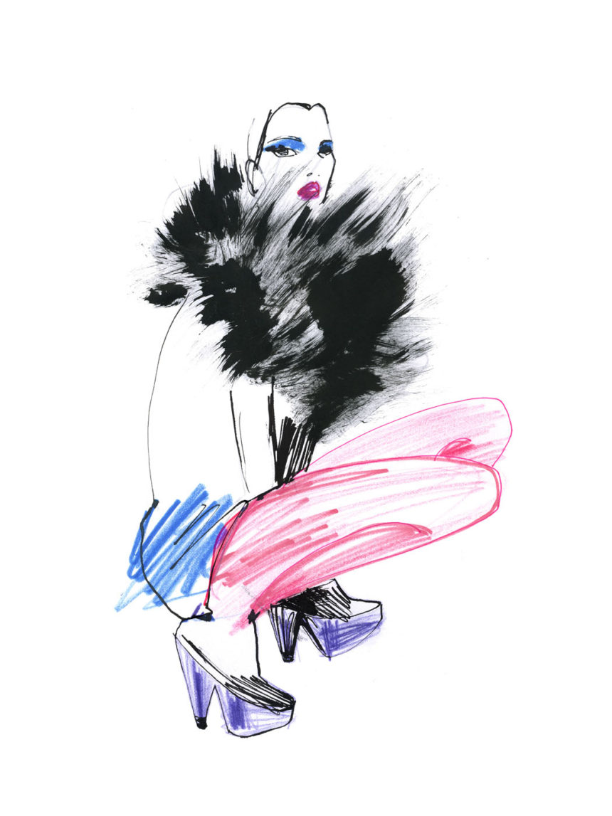 Illustration of sitting woman with fur collar, for H&M wall graphics