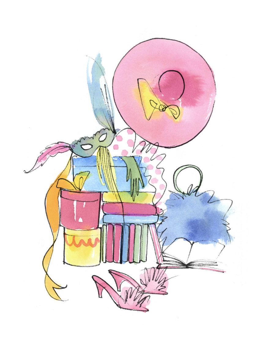Watercolor illustration of hats, boxes and shoes with heals