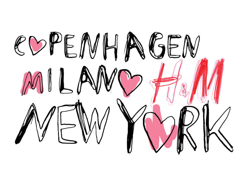 Scribbles of city names for H&M wall graphics