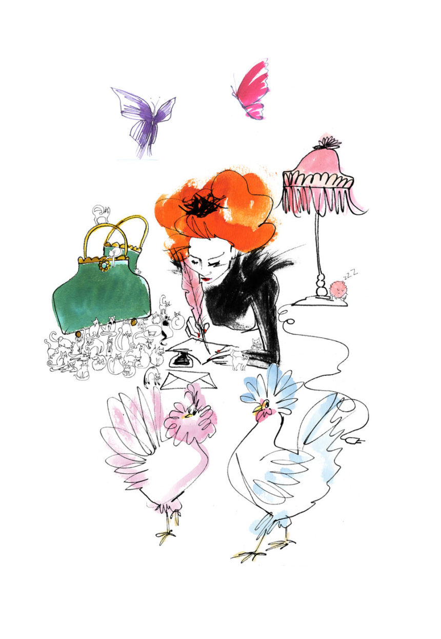 Illustration of Mademoiselle Oiseau with cards and birds by Lovisa Burfitt
