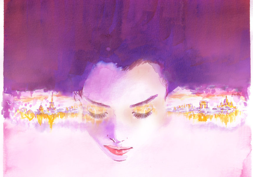 Illustration d'une femme avec cheveux couleur violet rêvant de Paris.