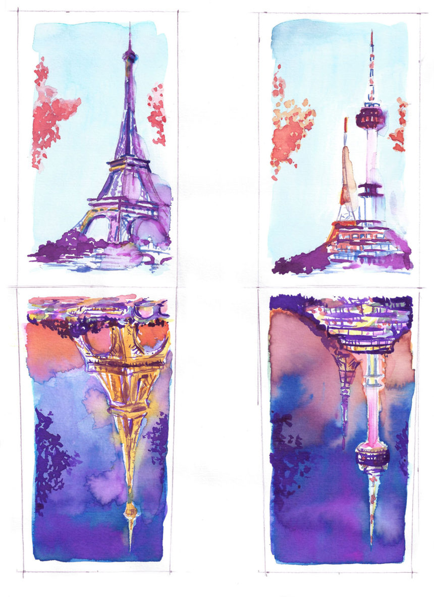 Illustrations de Paris et de Seoul avec reflet dans l'eau.