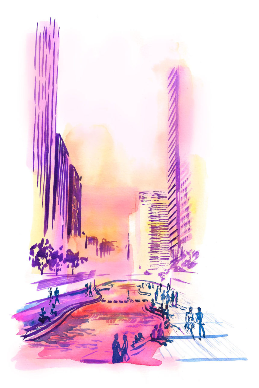 Illustration en aquarelle de Seoul en couleurs pastels pour Hera Cosmetcs.