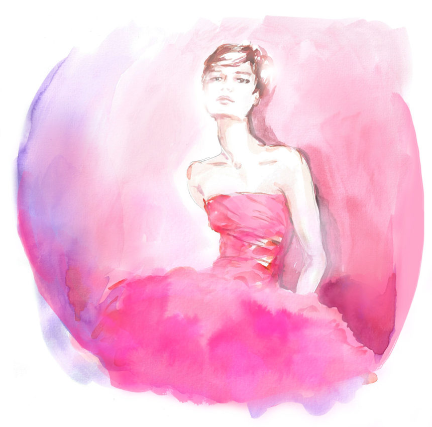 Illustration en aquarelle d'une fille en robe rose