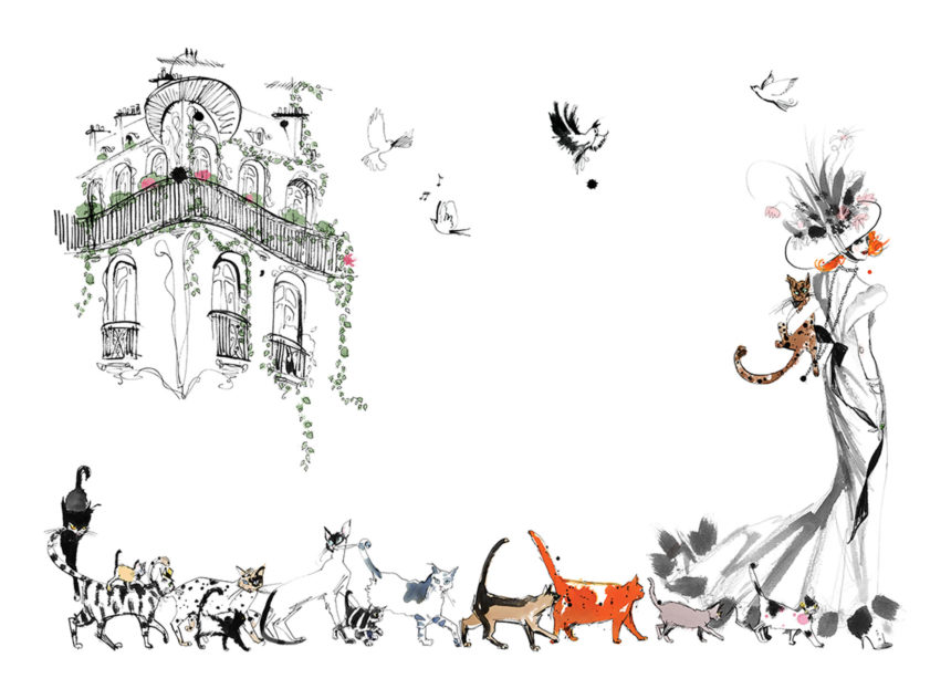 Illustration of lady walking with a cat parade in Paris.