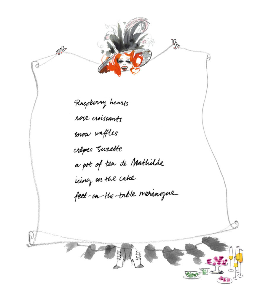 Illustration of Mademoiselle Oiseau with pique-nique cloth