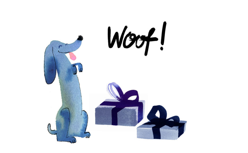 Illustration of blue dog for H&M gift cards.