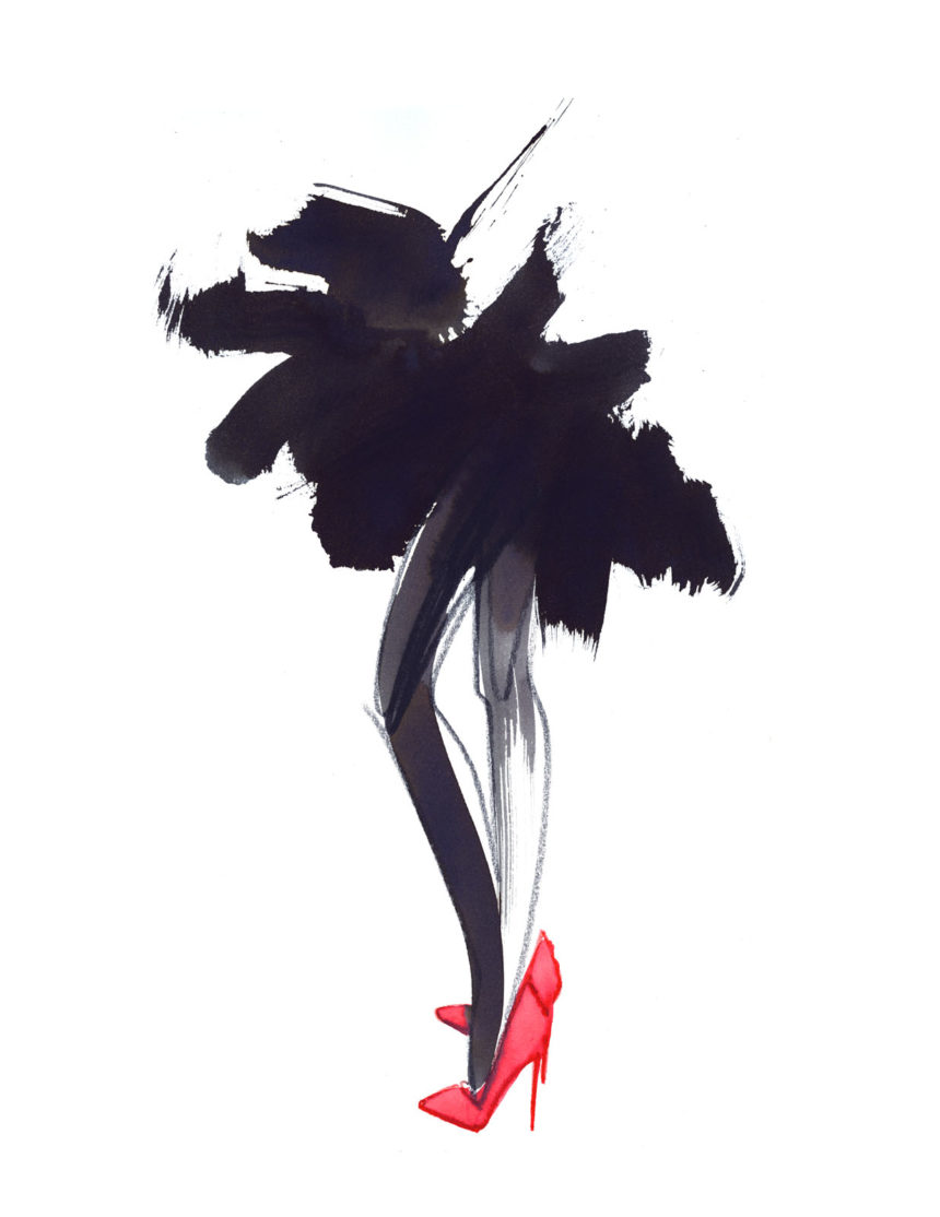 Ink illustration of legs with high heel red stilettos.