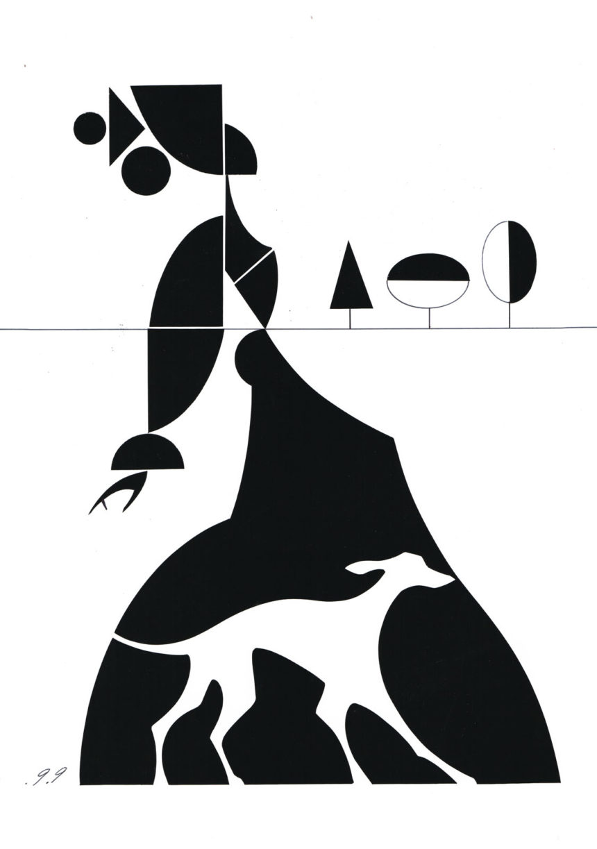 Illustration graphique d'une femme en train de marcher avec la silhouette d'une chien.