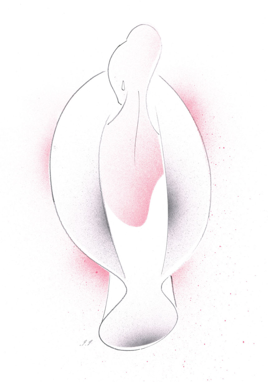 Illustration d'une silhouette en robe Lanvin rose et grise.