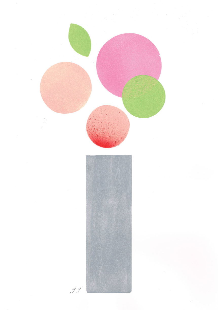 Illustration au découpage d'un bouquet de fleurs ronds en couleur pastels.