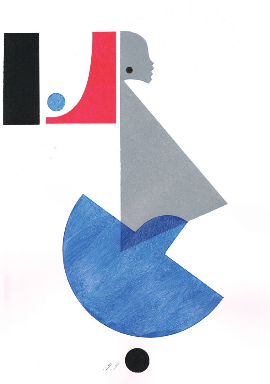 Illustration au découpage d'une femme en tenue Prada bleue et grise.