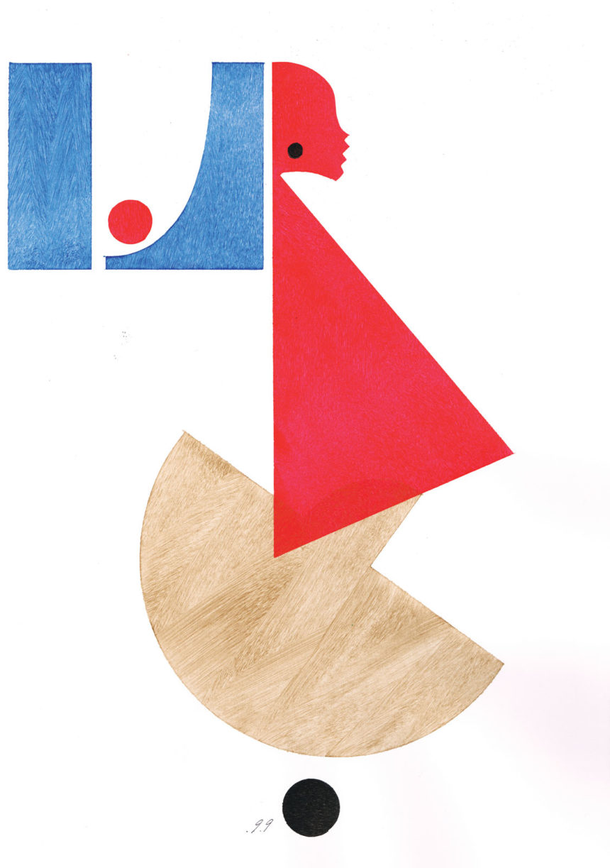 Illustration au découpage d'une femme en tenue Prada rouge et marron.