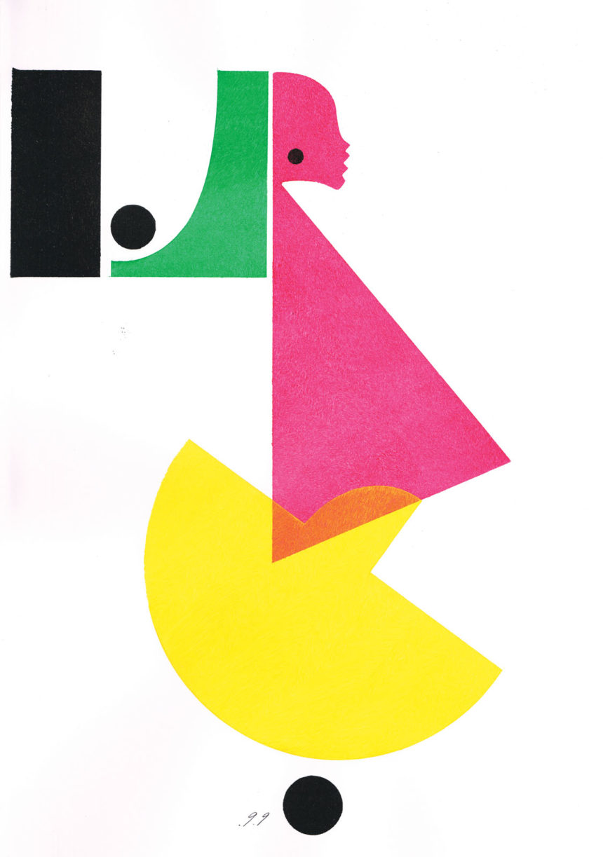 Illustration au découpage d'une femme en tenue Prada rose et jaune.