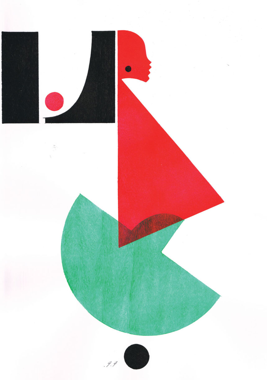 Illustration au découpage d'une femme en tenue Prada rouge et verte.