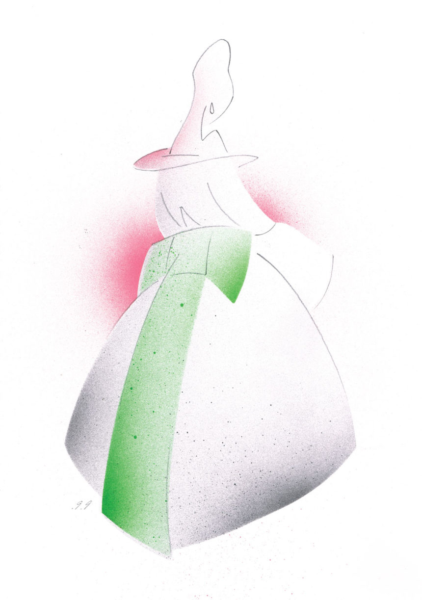 Illustration au découpage pochoir d'une femme en robe Valentino rouge et verte.