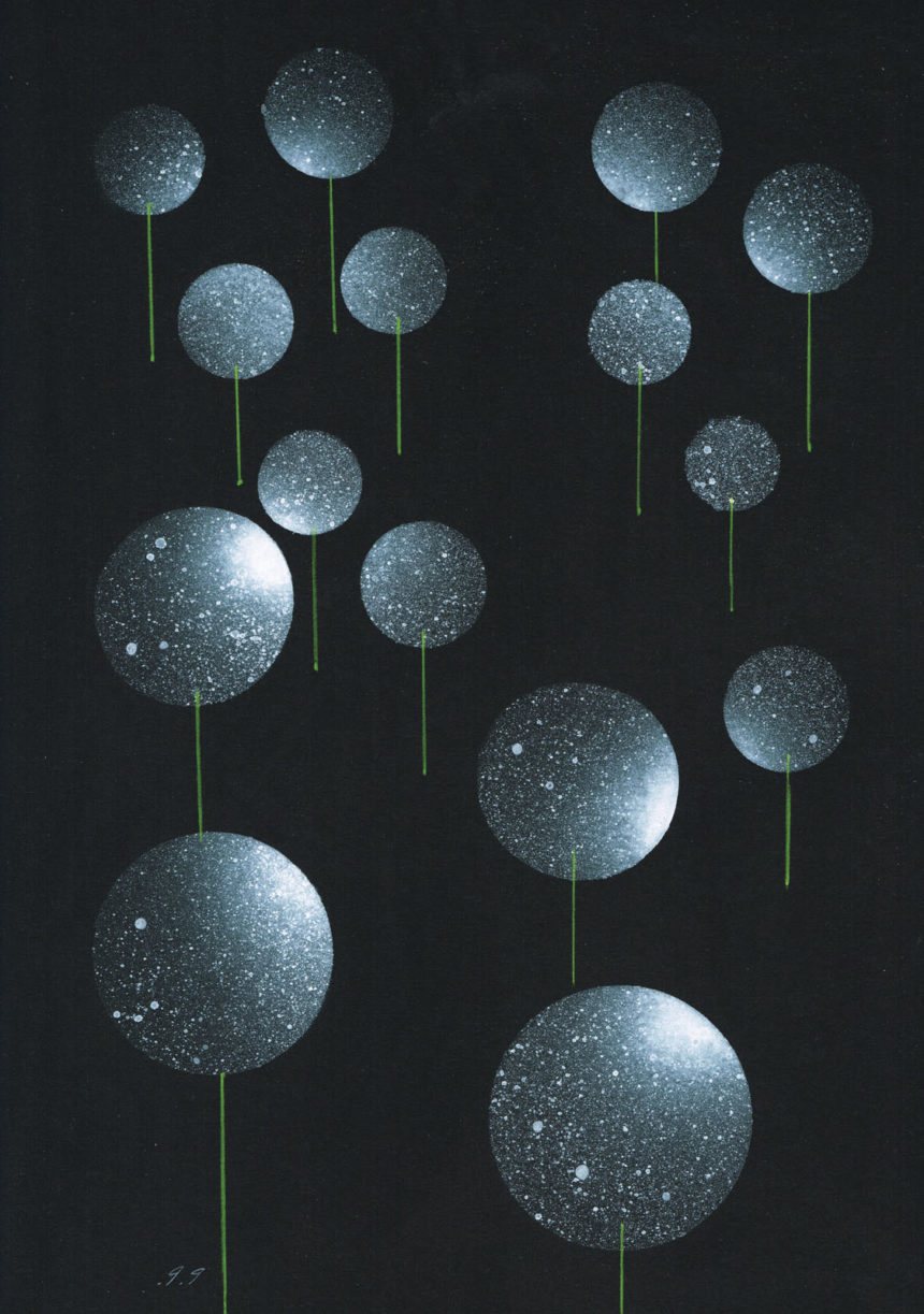 Illustration de boules de pissenlit sur fond noir.