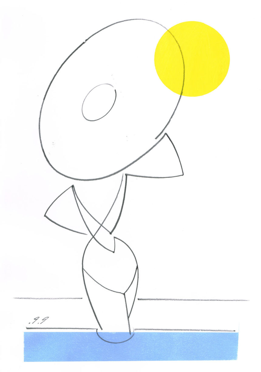 Illustration graphique au crayon d'une femme avec grand chapeau regardant le soleil.