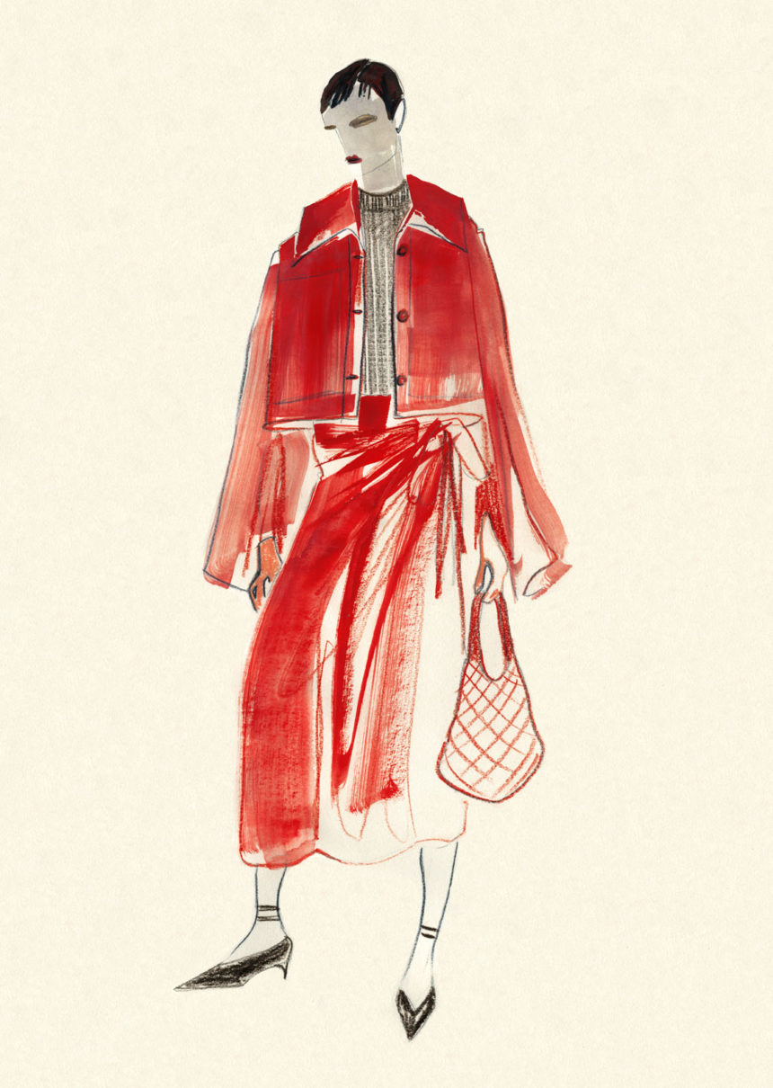 Illustration of fashion lady in red dress.
