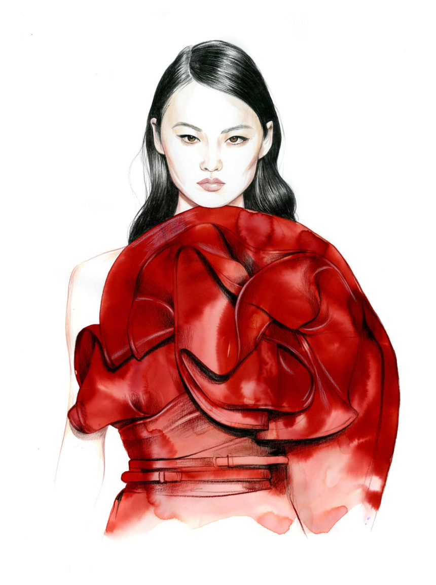 Illustration of red Elie Saab dress