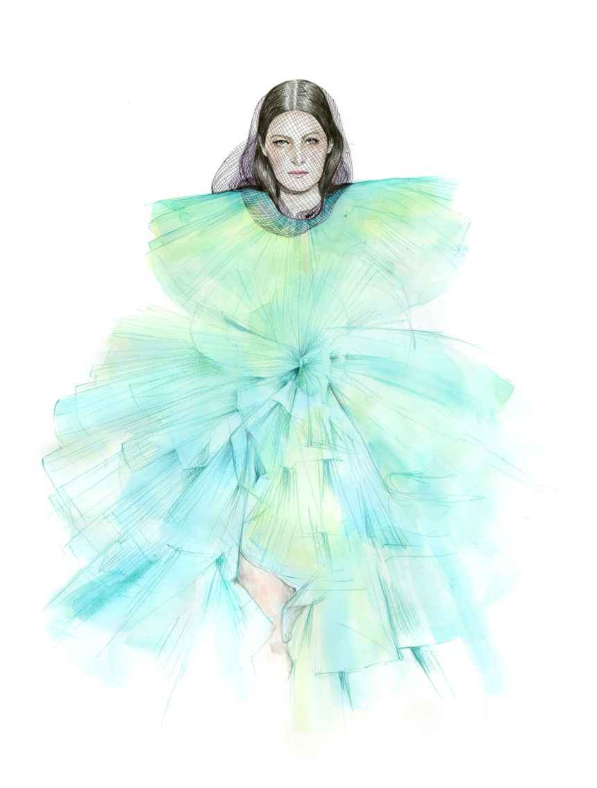 Illustration of turquoise Giambattista Valli couture dress