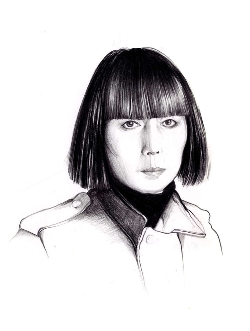 Crayon illustration of Rei Kawakubo