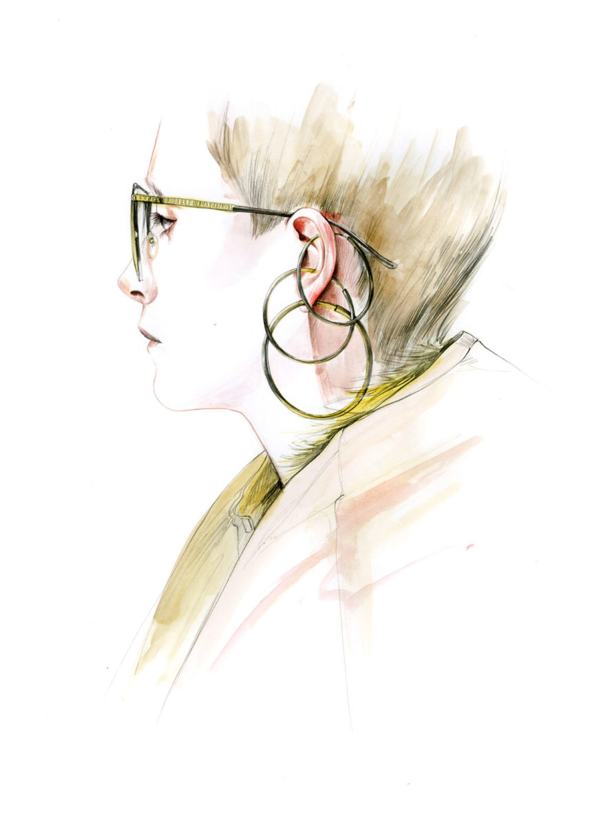Illustration of woman wearing Gucci earrings and glasses