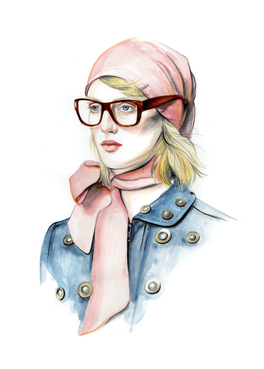Illustration of woman in pink Gucci scarf and red glasses.