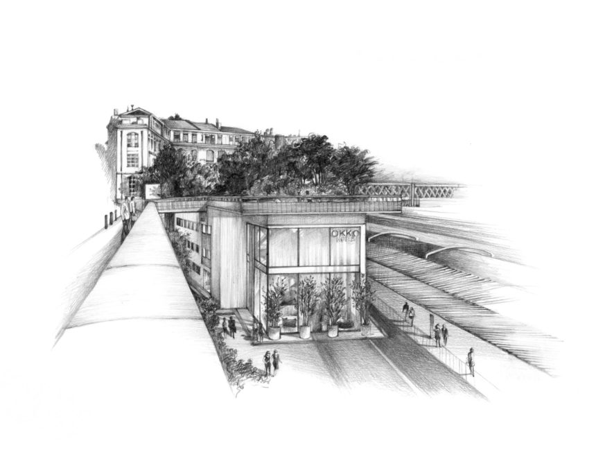 Illustration au crayon d'un hôtel.