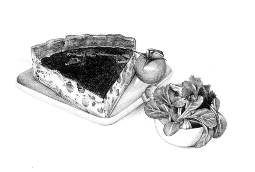 Illustration au crayon d'une part de quiche.