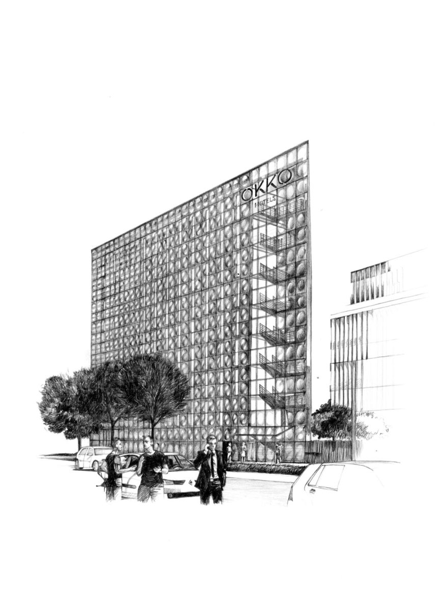 Illustration au crayon d'un hôtel.