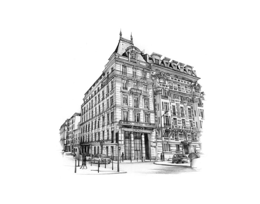 Illustration au crayon d'un hôtel.