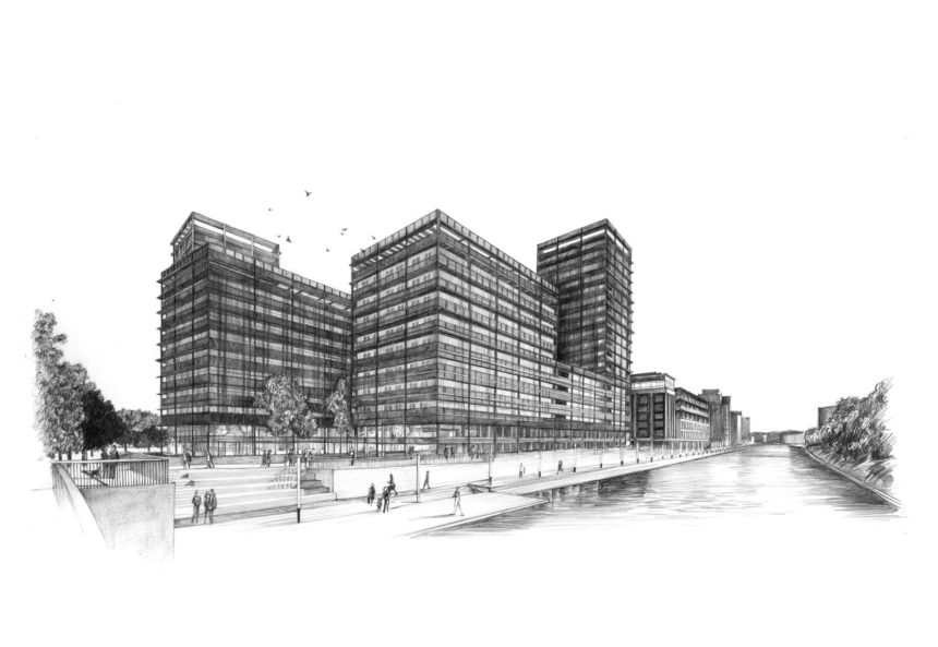 Illustration au crayon d'un hôtel.