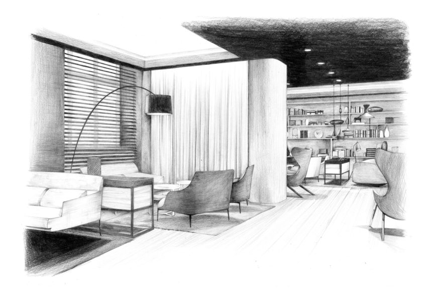 Illustration au crayon de l'intérieur d'un hôtel.