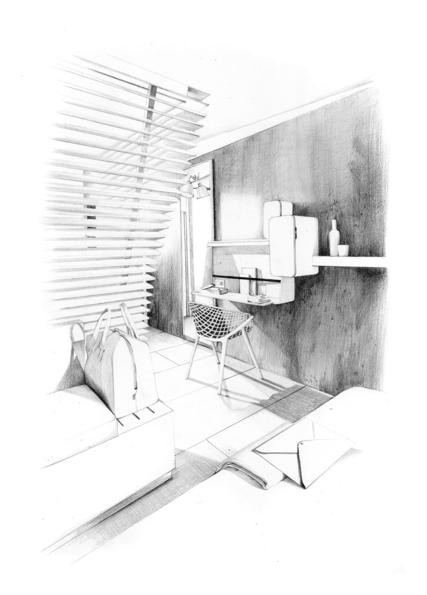 Illustration au crayon de l'intérieur d'un hôtel.