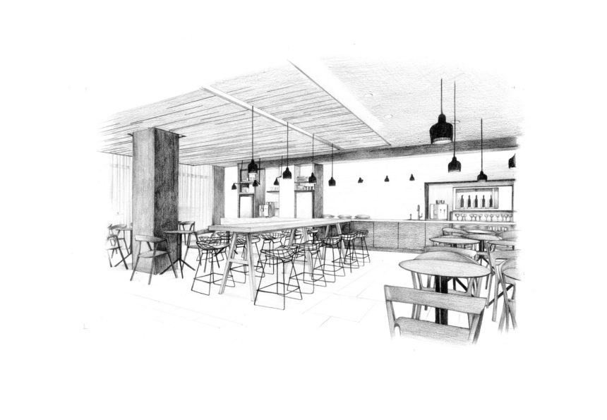 Illustration au crayon de l'intérieur d'un hôtel.