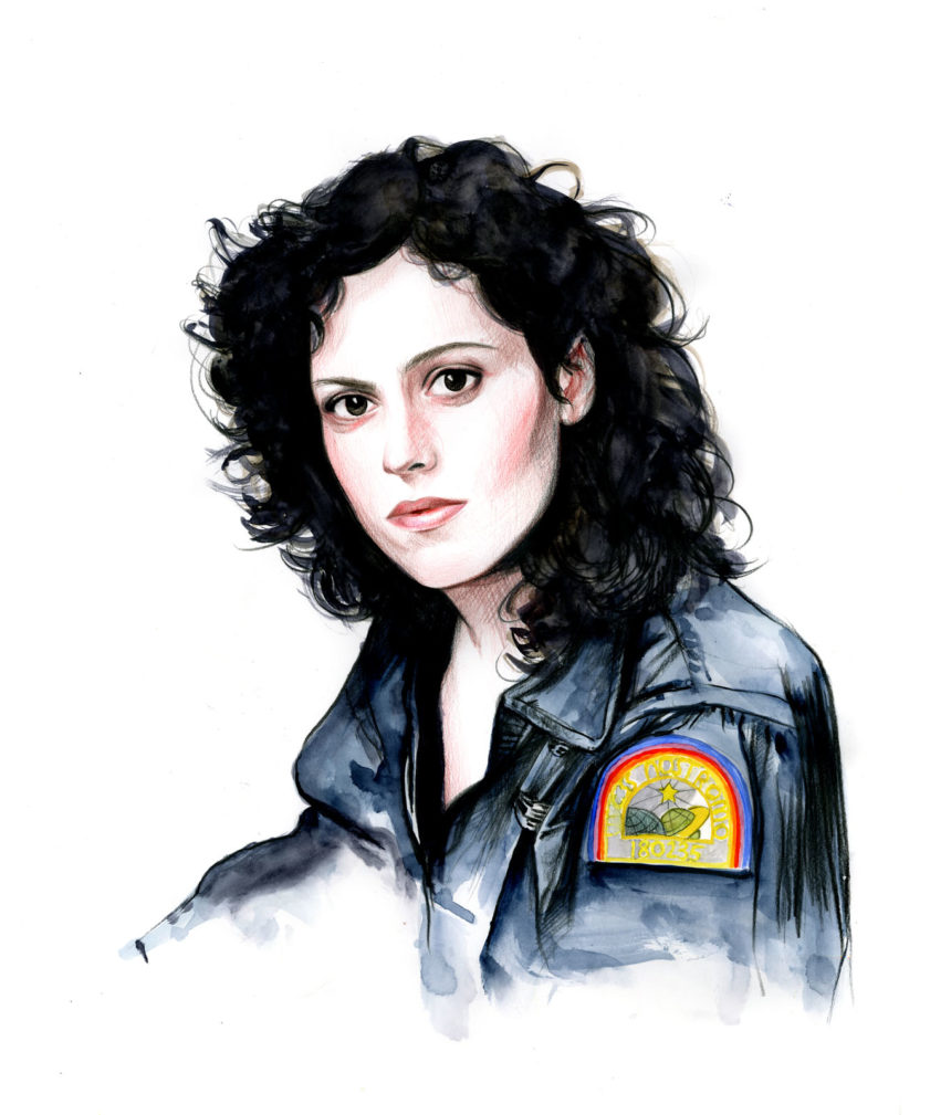 Crayon illustration of Sigourney Weaver