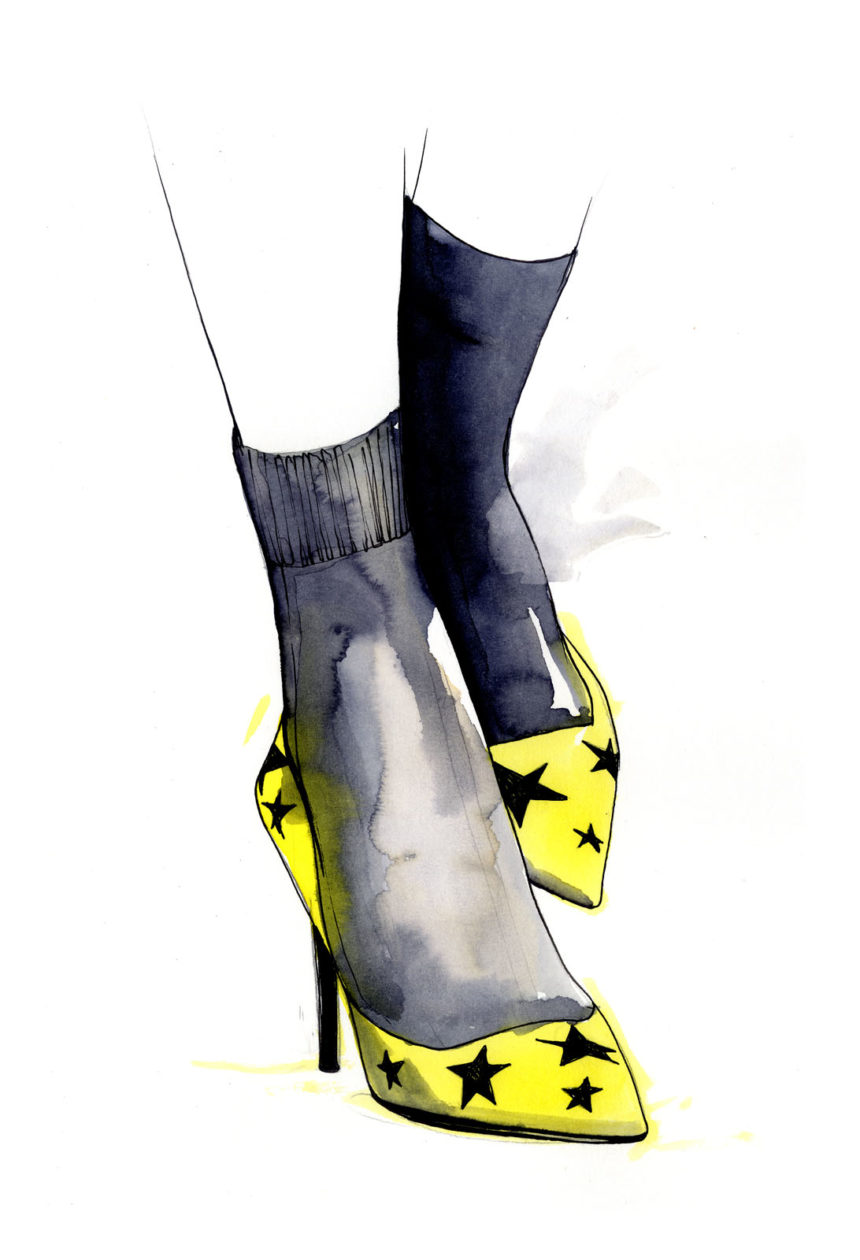 Illustration of yellow pumps by Caroline Andrieu