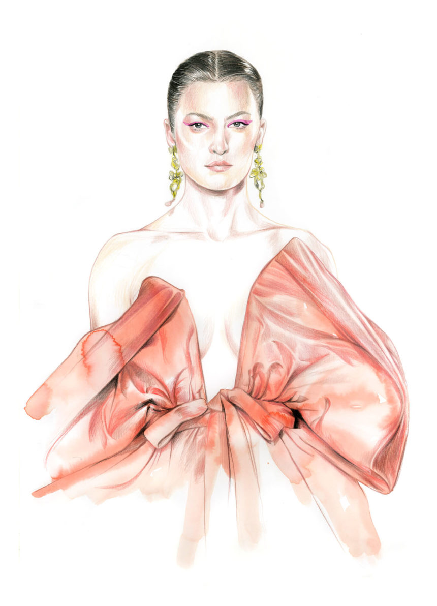 Illustration of pink Valentino bow dress by Caroline Andrieu