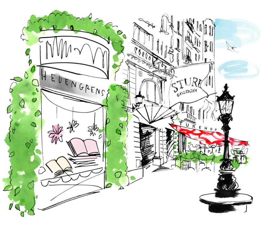 Ink illustration of Hedengrens bookstore.