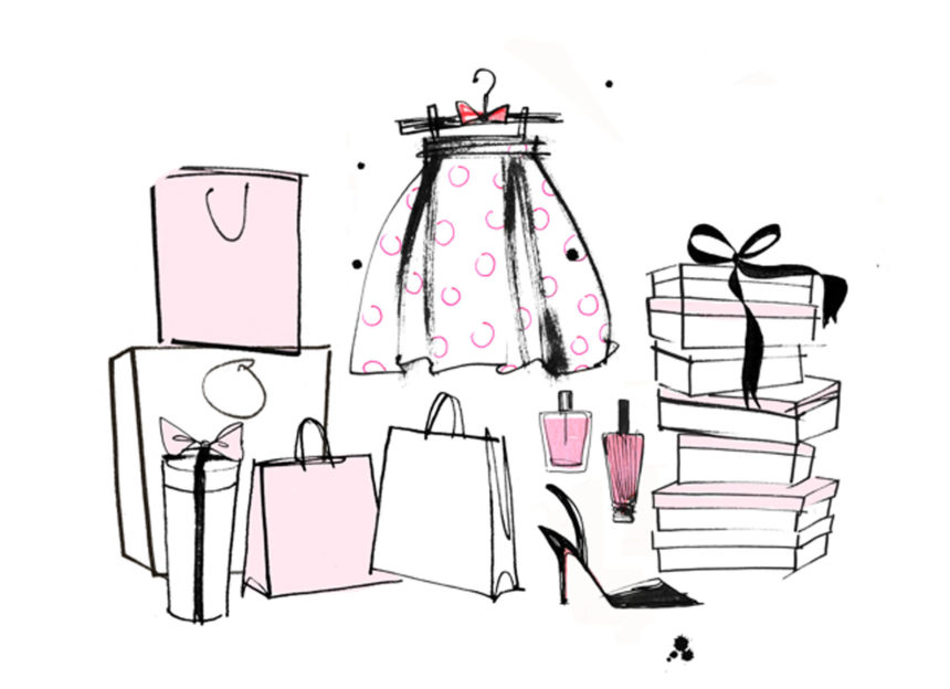 Ink illustration of fashion and shopping bags.