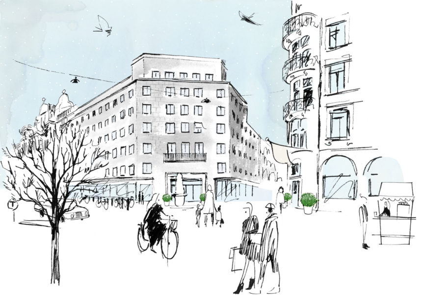 Ink illustration of building in Stockholm.