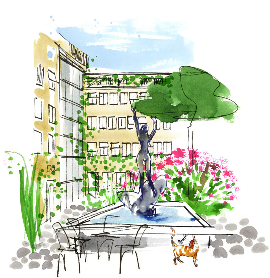 Ink illustration of courtyard.