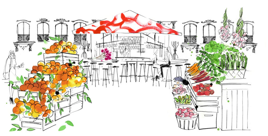 Ink illustration of the Sturehof market.