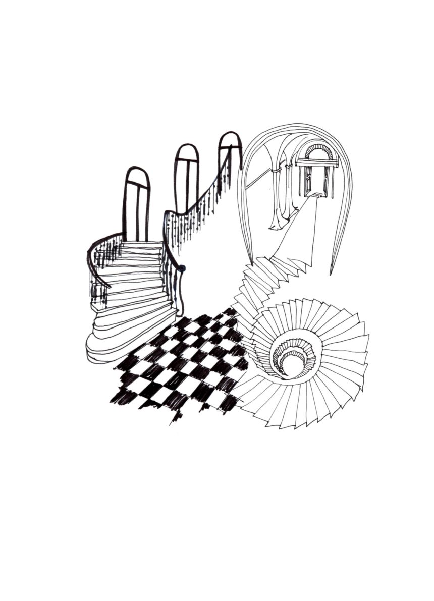 Illustration au trait d'un escalier en colimaçon.